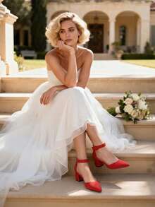 Womens Court Shoes Elastic Ankle Straps - Red - View 4