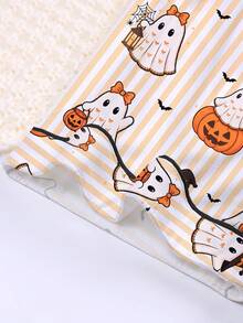 Cute Cartoon Ghost & Pumpkin Print Striped Home Shorts Young Girl Halloween Outfit, Summer Girls Open Front Pajama 2 Pieces Set - Orange - View 7