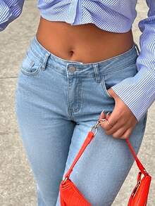 Classic Mid-Rise Flare Leg Washed Women's Jeans, Suitable For Commuting, Casual Vacation, Dating - Light Wash - View 6