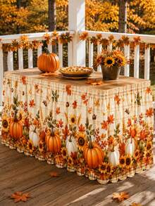 1pc Plaid Pumpkin Floral Table Skirt, Country Style Polyester Rectangular Table Skirt With Lace Wavy Hem, Sunflower And Maple Leaf Print, Suitable For Thanksgiving, Kitchen Dining Room, Autumn Decor, Wedding Decor, Kitchen Decor, Home Decor - Multicolor - View 8