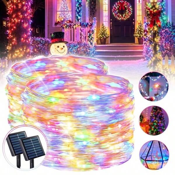 2 pachete de șiruri luminoase solare pentru exterior, 600/200 LED, luminițe solare tip fairy IP44 rezistente la apă, 8 moduri, cu fir de cupru, alimentate solar, pentru decorarea grădinii, a copacilor, Halloween, Crăciun, nunți și petreceri (cald/colorat)