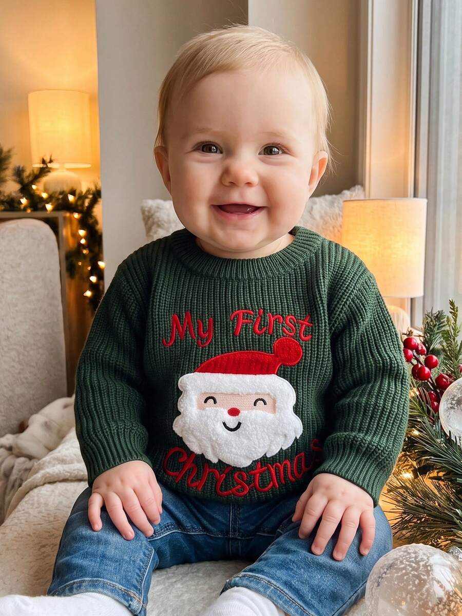 Baby Christmas Sweater Long Sleeve Letters Santa Claus Warm Winter Pullover - Verde - Ver 1