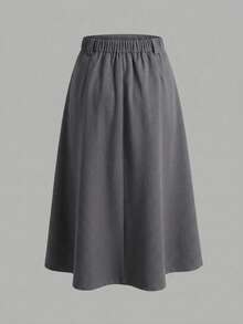 Plus Size Grey High Waist Pleated Skirt For Women, Slimming A-Line Mid-Length Skirt, Professional Office Style, Suitable For Daily Casual And Commute Wear - Grey - View 7