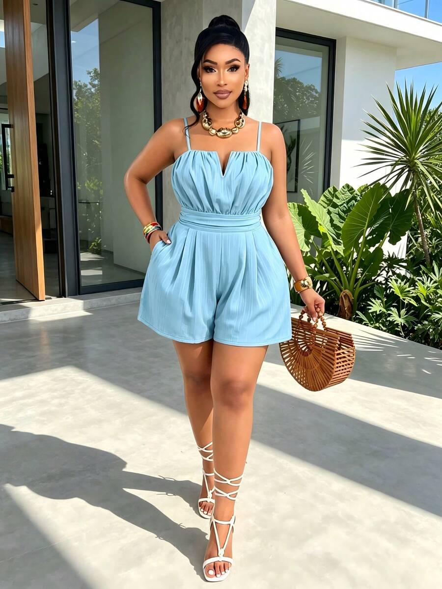 Women's Plus Size Sleeveless Orange Shirred Cami Jumpsuit, Short Length Romper With Spaghetti Strap And Woven Fabric Summer - Light Blue - View 1