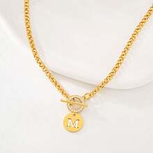 1pc Simple Gold Color Round Hollow Initial Pendant Toggle Clasps Stainless Steel Chain Necklaces For Women - Yellow Gold - View 3