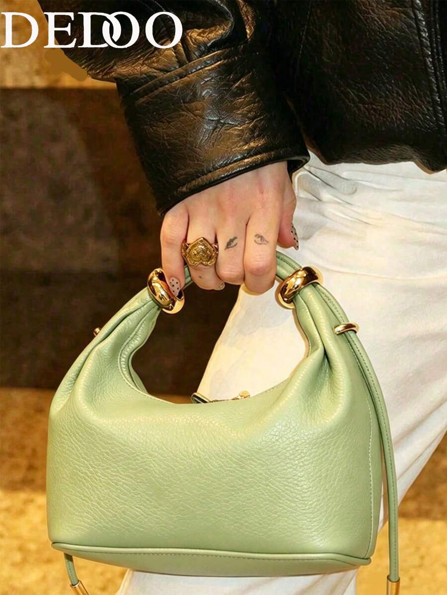 Dedoo European And American Fashion Lychee Texture Solid Color Metal Ring Luxury Handbag