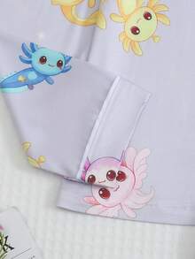 Tween Girls Cute Axolotl Print Button Front Long Sleeve Pajama Set, 2pcs Lapel Top & Pants Soft Sleepwear For Autumn Winter Home Outfit Loungewear - Lilac Purple - View 5
