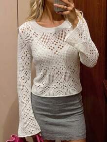 2026 New Autumn Women's Flared Cuff Hollow Design Semi-Transparent Cover-Up Casual Elegant Street Knit Round Neck Long Sleeve White Cover Up Vacation - White - View 4