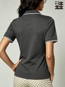 mulinsen 女款 Polo 衫，冰絲薄款運動領短袖 T 恤，透氣輕量跑步訓練上衣 - 深灰色 - 查看 2