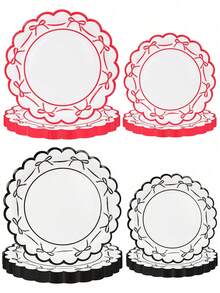 10/20/50pcs Bow Pattern Disposable Party Plates, Scalloped Edge Black Red Paper Cake Plates Dessert Plates With Ribbon Design, Party Tableware Supplies For Birthday, Wedding, Bridal Shower, Baby Shower, Anniversary, Holiday Celebration - View 1