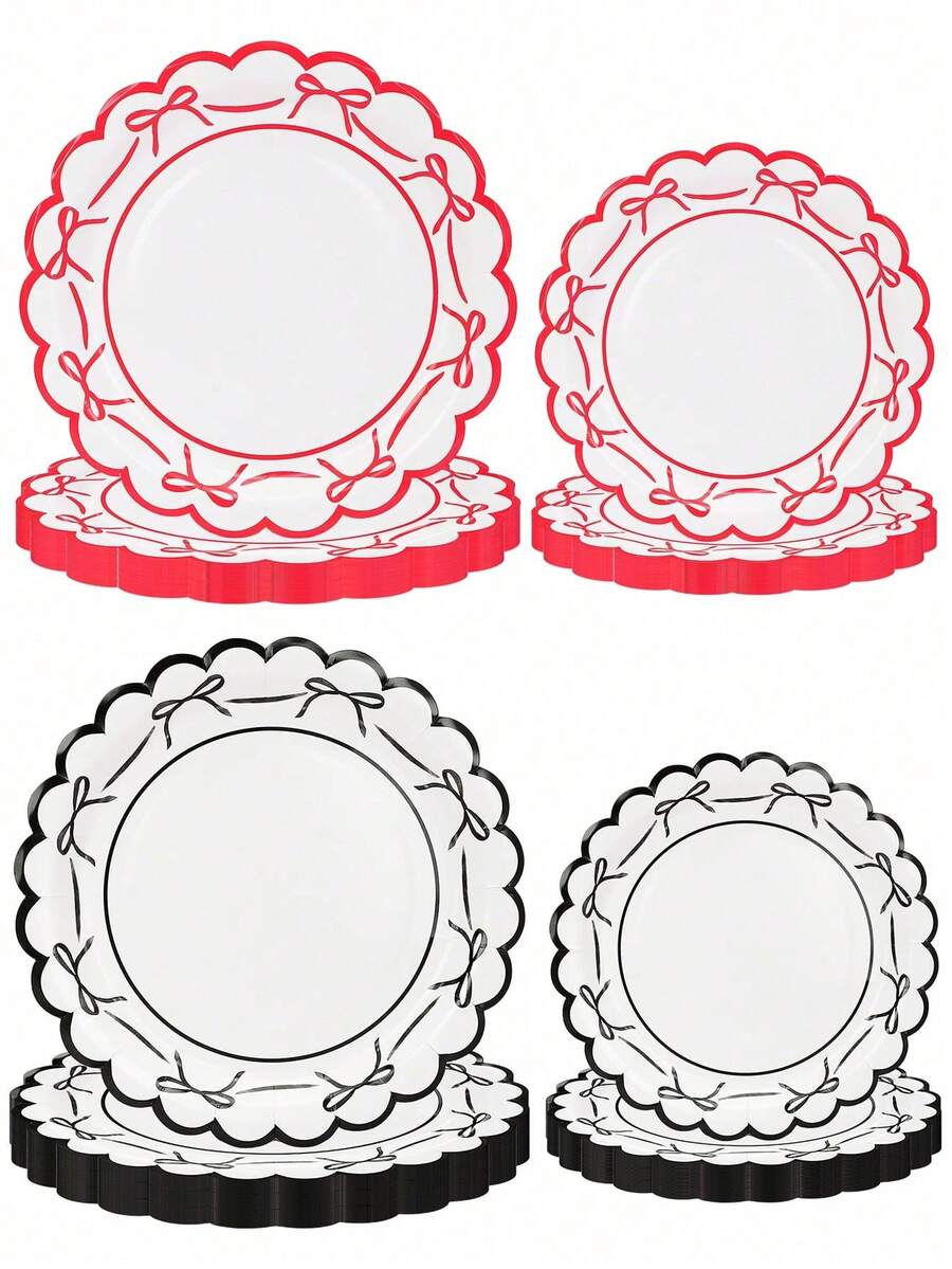 10/20/50pcs Bow Pattern Disposable Party Plates, Scalloped Edge Black Red Paper Cake Plates Dessert Plates With Ribbon Design, Party Tableware Supplies For Birthday, Wedding, Bridal Shower, Baby Shower, Anniversary, Holiday Celebration - View 1