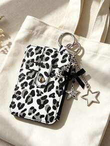 Multi‑Slot Leopard Print Card Holder With Star Bow Keychain,PU Mini Zipper Coin Purse,Thin Card Case Id Window,Portable Id Card Wallet Bag Charm - Multicolor - View 5