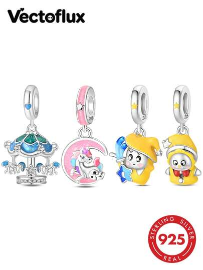 Vectoflux 1pc S925 Sterling Silver Colorful Dream Series Coastal Carousel Girl Horse Baby Wish Pendant, Suitable For Original Bracelet Necklace Keychain DIY Pendant Making, Women's Gift, Suitable For Birthday Party Holiday Gift