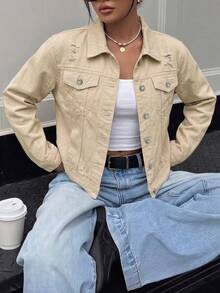Women's Vintage Washed Denim Shacket, Distressed Detail Design, Short Long Sleeve Shirt Collar Jacket, Autumn Fashion Choice Casual - Khaki - View 4