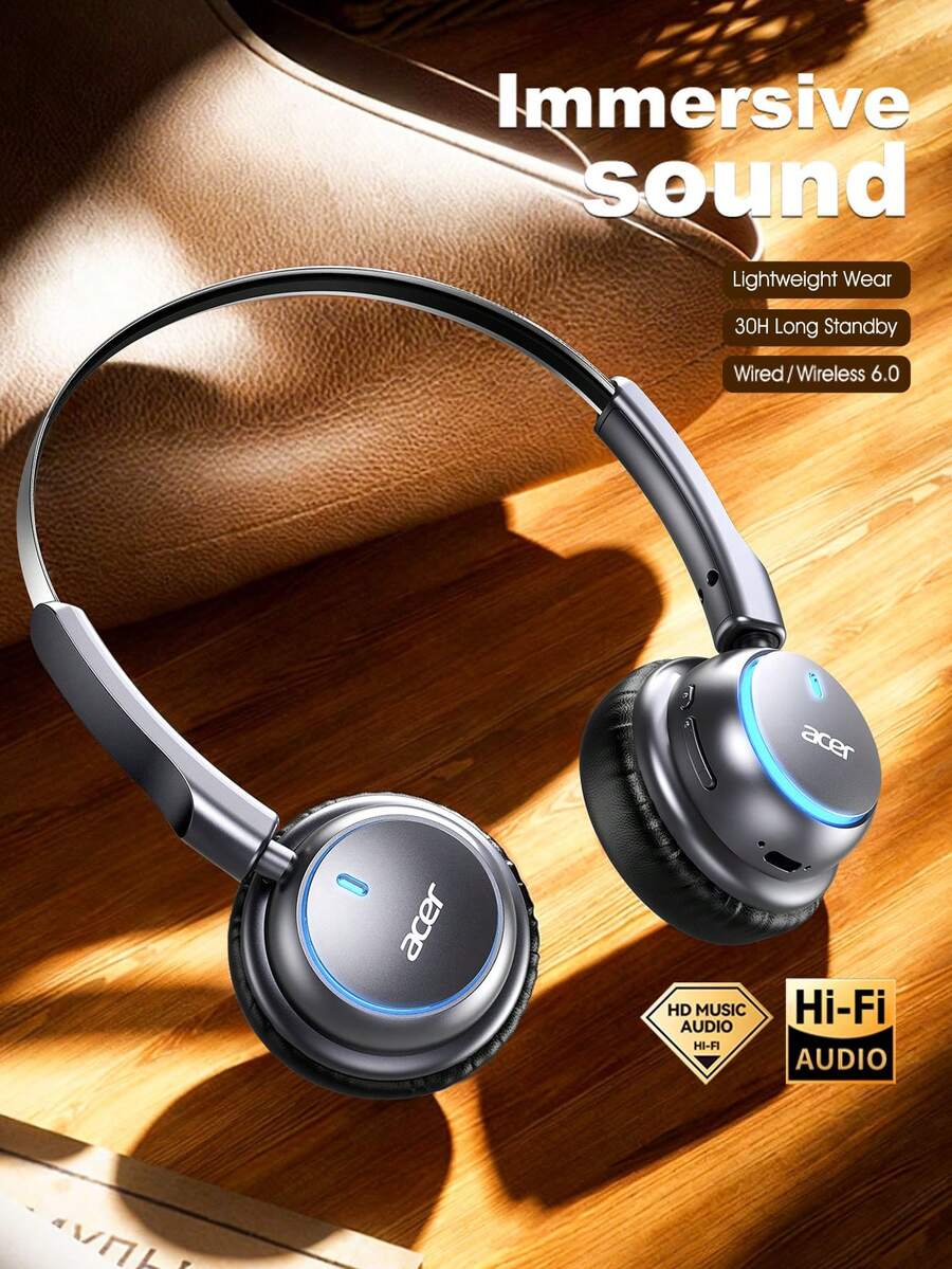 Headphone Nirkabel Over-Ear Acer OHR645, Audio Spasial Kelas Bioskop, Tanpa Kebocoran Suara, Waktu Putar 30 Jam, Bantalan Telinga Lembut, Dapat Diatur, Kompatibel dengan Sistem iOS/Android