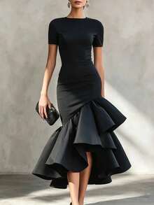 Trending 2026 Summer Short Sleeve Round Neck Ruched Bodycon High‑Low Ruffle Midi Dress, Elegant Cocktail Evening Gown For Wedding Guest & Date Night - Black - View 12