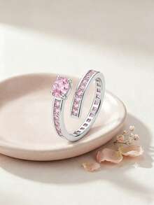 1pc Silver Luxury Sweet Pink Zirconia Open Ring, Suitable For Women's Daily Commute, Date, Party, Vacation Wear, Jewelry Gift - Silver - View 3