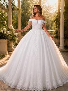 Vestido de novia elegante estilo princesa hecho a mano con apliques de cuentas, hombros descubiertos (enagua no incluida) otoño - Beis - Ver 3