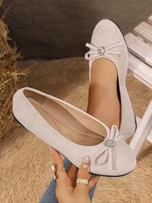 Women's Flat Slip-On Shoes With Rhinestone Square Buckle, Soft Sole, Anti-Slip, Round Toe, Versatile For All Seasons - Beige - View 1