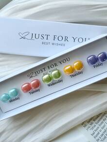 5 Pairs French Luxury Fresh Energetic Exquisite Small Elegant Versatile Unique Colorful Multi-Color Square Bead Stud Earrings Set With Gift Box, Suitable For Women's Daily, Holiday, Gift, Party, Vacation Wear - Multicolor - View 3
