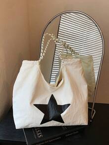 Large Capacity Women's Shoulder Bag Handbag, Black & White Contrast Star Print Nylon Waterproof Fabric, Daily Commute Bag - White - View 2