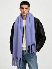 Men's Solid Color Tassel Scarf, Thick Long Neck Warmer, Autumn/Winter Warm Scarf, Street Casual Versatile Accessory For Men - Multicolor - View 11