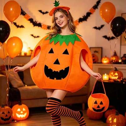 Bộ 4 món trang phục hóa trang chủ đề bí ngô Halloween cho nữ, váy tiệc bí ngô màu cam rực rỡ, kèm tất cao cổ màu đen và cam, trang phục hóa trang dạ hội, đạo cụ chụp ảnh