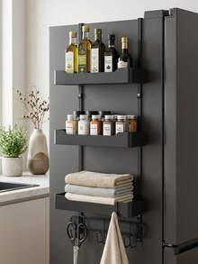 1pc 4-Tier Kitchen Refrigerator Hanging Rack, Rust-Proof Cast Iron Hanging Kitchen Storage Rack, No Drilling Required Storage Rack For Organizing Kitchen Essentials, Space-Saving Kitchen Accessory, Home Decor, Black - Multicolor - View 2