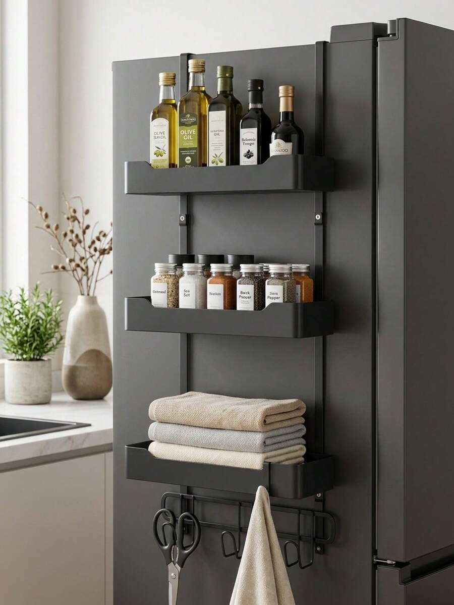 1pc 4-Tier Kitchen Refrigerator Hanging Rack, Rust-Proof Cast Iron Hanging Kitchen Storage Rack, No Drilling Required Storage Rack For Organizing Kitchen Essentials, Space-Saving Kitchen Accessory, Home Decor, Black