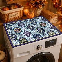 Luckybutterfly Retro Mediterranean Spanish Tile Washing Machine Top Cover Mat, Non‑Slip Reusable Dust‑Proof Washer Dryer Countertop Protector Pad, Stylish Laundry Room Home Decor Accessory - Multicolor - View 3