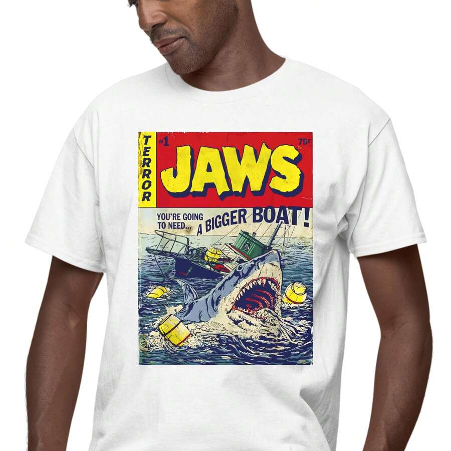 Ropa de vacaciones para hombre, camiseta con la portada del cómic Jaws Pulp, camiseta del 50º aniversario de la película, regalo para fanáticos del cine, camisetas para mujer - Blanco - Ver 1