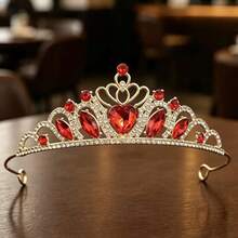 1pc Gold-Color Red Crystal Large Crown Headpiece, High-End Crystal Crown Hair Clip Accessory, Princess Birthday Gift - Red - View 6