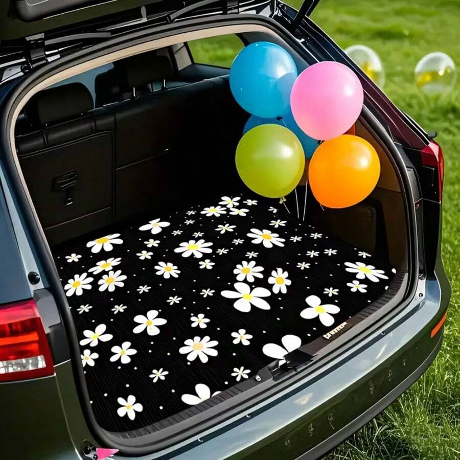 1 buah Alas Bagasi Mobil Motif Bunga Daisy Latar Belakang Hitam, Bahan Serat Poliester Tahan Lama, Perlengkapan Perjalanan Penting, Cocok untuk Berbagai Model Mobil, Aksesori Interior Bagasi Mobil, Karpet Mobil, Hadiah Liburan yang Sempurna - Bunga Daisy - View 1