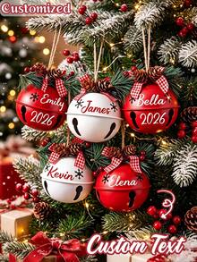 Customized Text Christmas Metal Bell Ornament, Personalized Name Christmas Tree Pendant With Pine Cone Plaid Bow Holiday Decor Gift - Multicolor - View 2