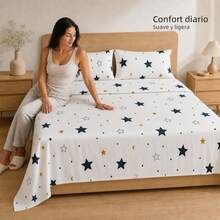 POLIGONO Juego de sábanas estampadas POLÍGONO, 3 o 4 piezas, con sábana ajustable y fundas de almohada - Noche estrellada - Ver 3