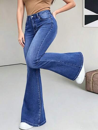 YANGCANREN Teen Girl Fashion Waist-Cinched Versatile Button Pocket Flared Jeans