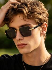 1 Pair Men's Fashion Decorative Glasses, Gold Plastic Material, Solid Color Pattern, Vintage Style, Square Rimless Glasses, Suitable For Daily Wear, Driving, Hiking, Summer Beach, Outfit Matching, Street Photography, Various Festivals, Parties And Other Occasions, Can Be Used As A Gift, Suitable For All Face Shapes, High Quality Glasses, Fashion Accessory - Multicolor - View 8