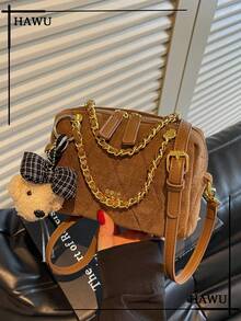 Quilted Faux Suede Mini Boston Bag For Women, Chain Handle Crossbody Purse, Small Shoulder Handbag With Bear Charm Pendant - Brown - View 9