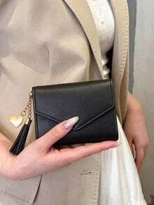 Women's 3-Fold Slim Short Wallet, Portable And Easy To Store, With Bill Compartment, Multiple Card Slots And ID Window, Compact Design, Double-Layer Flap Mini Women's Purse, Perfect For Daily Use - Black - View 1