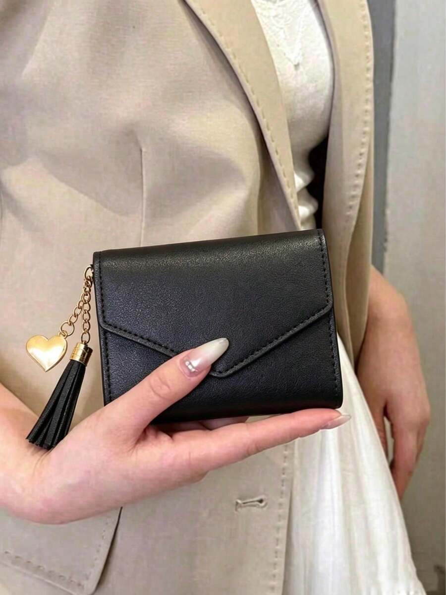 Women's 3-Fold Slim Short Wallet, Portable And Easy To Store, With Bill Compartment, Multiple Card Slots And ID Window, Compact Design, Double-Layer Flap Mini Women's Purse, Perfect For Daily Use - Black - View 1
