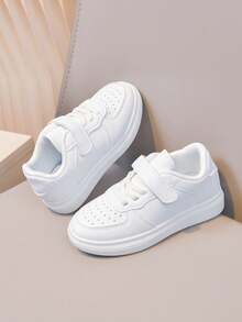 Classic Pure White Campus Style Sports Shoes For Boys And Girls, Breathable Lightweight Student Hook And Loop Slip-On Shoes - White - View 5