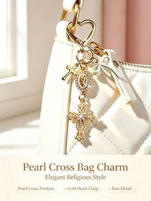 Exquisite Cross Keychain, Pearl Rhinestone Bow Bag Charm. Sweet And Cool Bag Decoration, Birthday And Holiday Gifts For Women Girls. - Multicolor - View 1