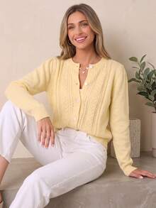 BuyK [Tops]Cute Pale Yellow Cable Knit Cardigan, Crew Neck Button-Up Puff Sleeve Sweater, Casual Fall Daily Wear - Yellow - View 4