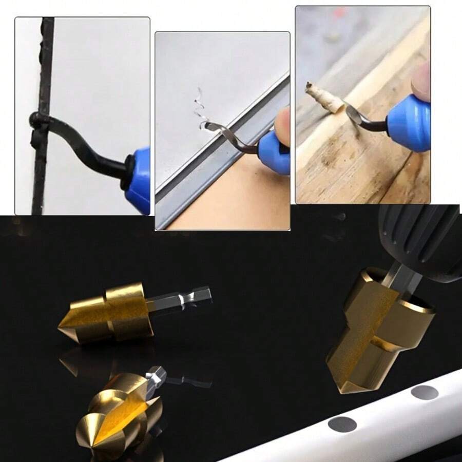 UNISURE 4pcs 14.8cm Deburring Tool + 20/25/32mm Step Drill Bit Set, Metal Deburring & Chamfering Tool Kit, Alloy Steel Material, Minimalist Gold Blade And Step Drill Details, Multi-Function Plumbing & Woodworking Hole Expansion & Deburring Tool, Suitable For Home Repair And Father's Day Gift