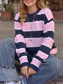Women Fall Pink Navy White Striped Knit Sweater, Crew Neck Drop‑Shoulder Long Sleeve Loose Pullover For Campus Casual Date Daily Going‑Out - Multicolor - View 4