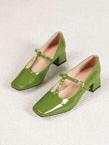 French Style Glossy Square Toe T-Strap Women's Shoes With Adjustable Buckle Design, 4.5cm Chunky Heel, Comfortable For Long Wear, Versatile For Work And Parties - Green - View 6