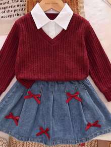 Girls' Fashion Knit V-Neck 2 In 1 Top And Bow Pleated Denim Skirt - Burgundy - View 5