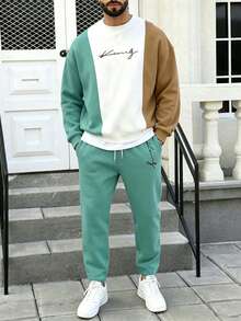 Men's Color Block Print Comfortable Versatile Crew Neck Drop Shoulder Sweatshirt And Pants Set - Multicolor - View 3