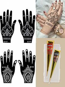 6PCS (2pcs Henna Paste + 2pcs Hand Stencils) Combo Set Henna Nail Art Tattoo Cream With Storage Box Semi-Permanent Plant-Based Tattoo Ink For Hands And Body - Multicolor - View 12