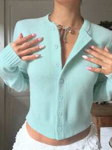 Autumn/Winter Casual Versatile Solid Color Knit Cardigan - Mint Blue - View 1